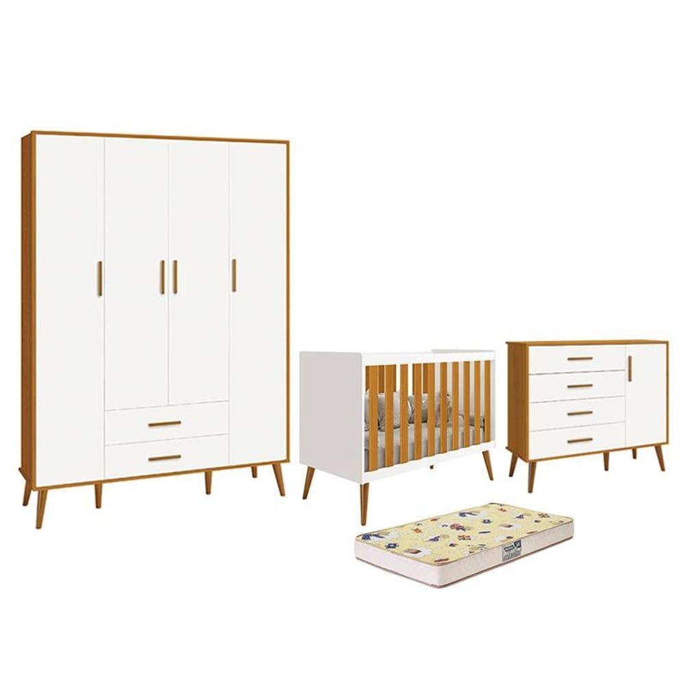 Dormitório Infantil Isis Guarda Roupa 4 Portas, Cômoda 1 Porta e Berço Branco/Savana com Colchão D18