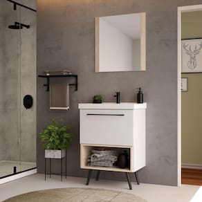Gabinete com Pés Para Banheiro 60cm com Cuba e Espelheira Gales Branco/Faia