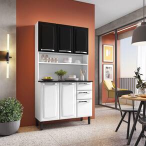 Kit Cozinha 105cm 6 Portas 2 Gavetas Pratika Branco/Preto