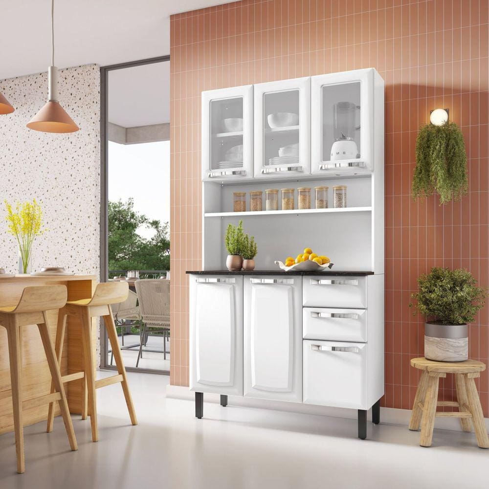 Kit Cozinha 105cm 6 Portas 3 de Vidro 2 Gavetas Pratika Branco