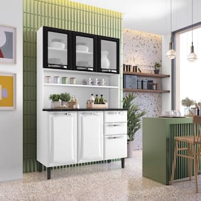 Kit Cozinha 120cm 6 Portas 3 de Vidro 2 Gavetas Pratika Branco/Preto