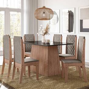 Conjunto Sala de Jantar 135x90cm Tampo Vidro/MDF com 6 Cadeiras Torre Lisboa Amendoa