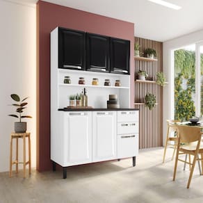 Kit Cozinha 120cm 6 Portas 2 Gavetas Pratika Branco/Preto