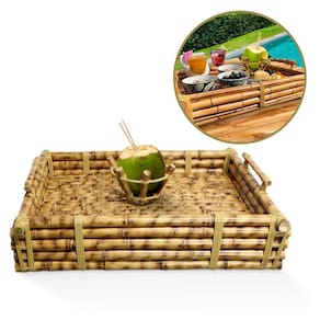 Bandeja Flutuante de Bambu Retangular com Suporte Porta Coco Cesto Decorativo para Piscina Casa Hotel