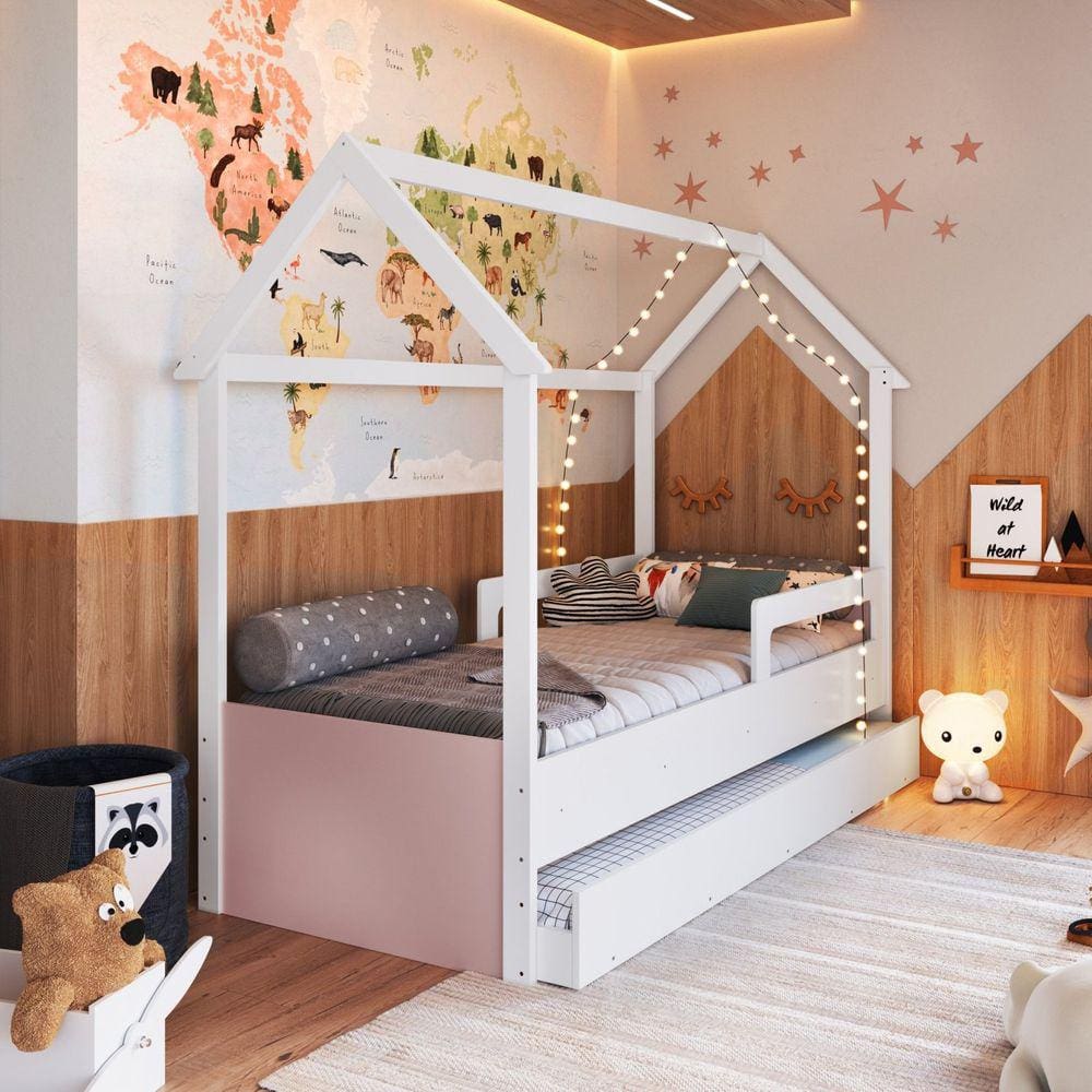 Cama Infantil Montessoriana com Cama Auxiliar Branco/Rosa