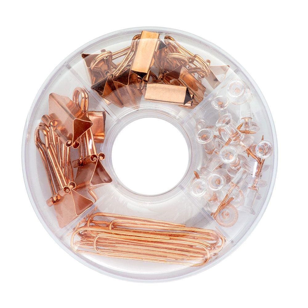 Kit Office Prendedores Redondo - Clipes/Blinder/Alfinete/Elástico - Rose Gold