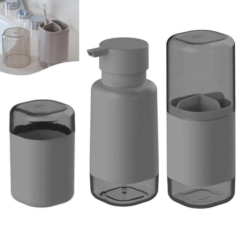 Kit Dispenser Sabonete Líquido Suporte Escova Creme Dental Porta Algodão Banheiro Cinza Escuro Dual Ou