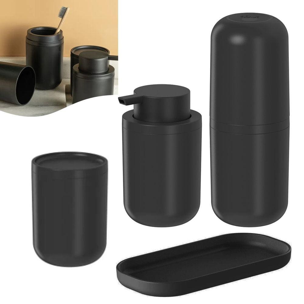 Kit Dispenser Sabonete Líquido Suporte Escova Creme Dental Porta Algodão Bandeja Pia Preto Bold Ou