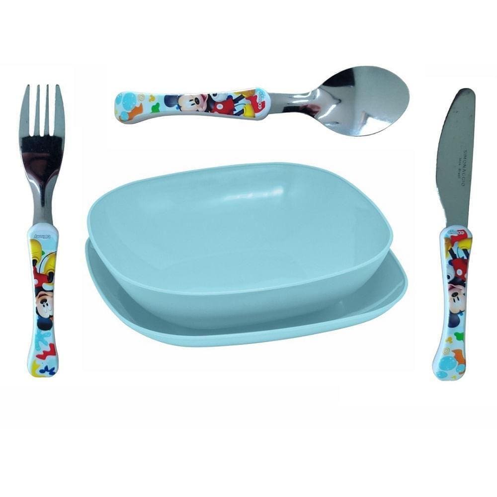 Conjunto Pratos E Faqueiro Com 3 Pcs Mickey Kids Fundo Azul