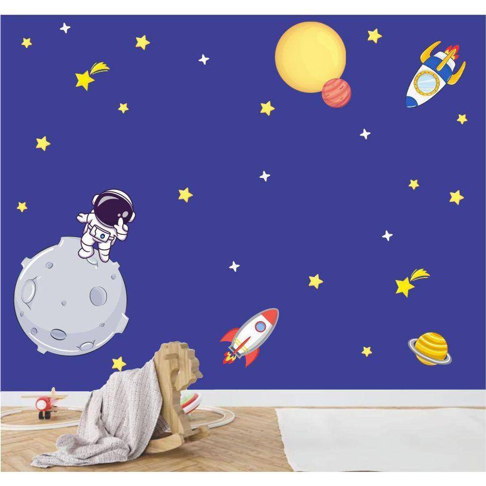 Adesivo De Parede Astronauta Na Lua Planetas E Foguetes
