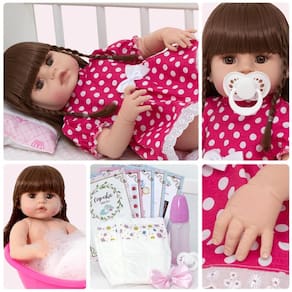 Boneca Reborn Realista Cabelo Castanho Com 13 Acessórios