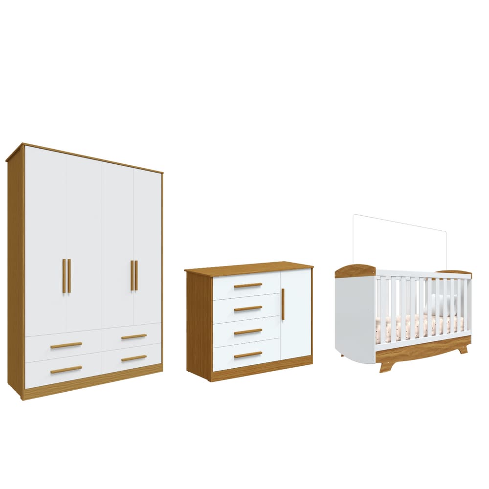 Quarto Completo Bebê Moveis Peroba Cris Charlo MDF 04 portas