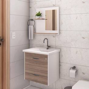 Conjunto Gabinete de Banheiro Suspenso 1 Gaveta com Espelheira e Cuba Textura Branco