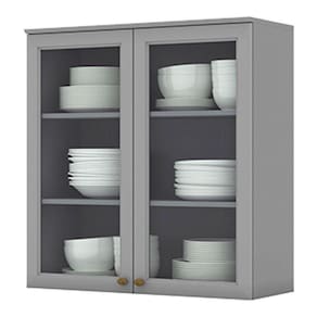 Armário Aéreo 2 Portas de Vidro 80 cm Americana Cinza - Henn