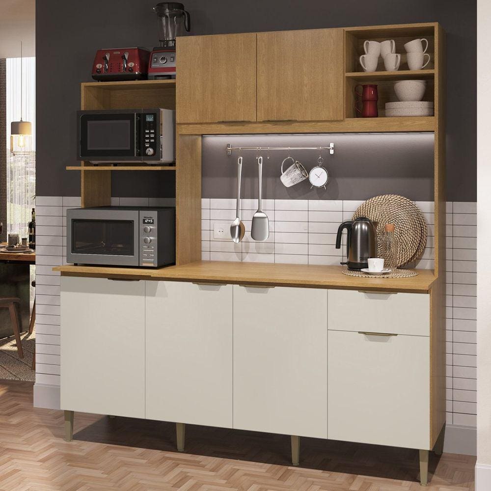 Cozinha Compacta com Tampo 6 Portas 1 Gaveta 2 Nichos para Forno Dália New Freijó/Areia
