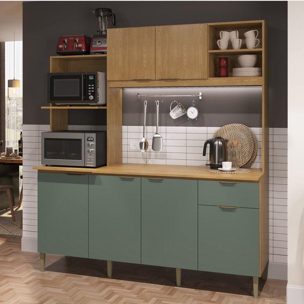Cozinha Compacta com Tampo 6 Portas 1 Gaveta 2 Nichos para Forno Dália New Freijó/Verde Musgo