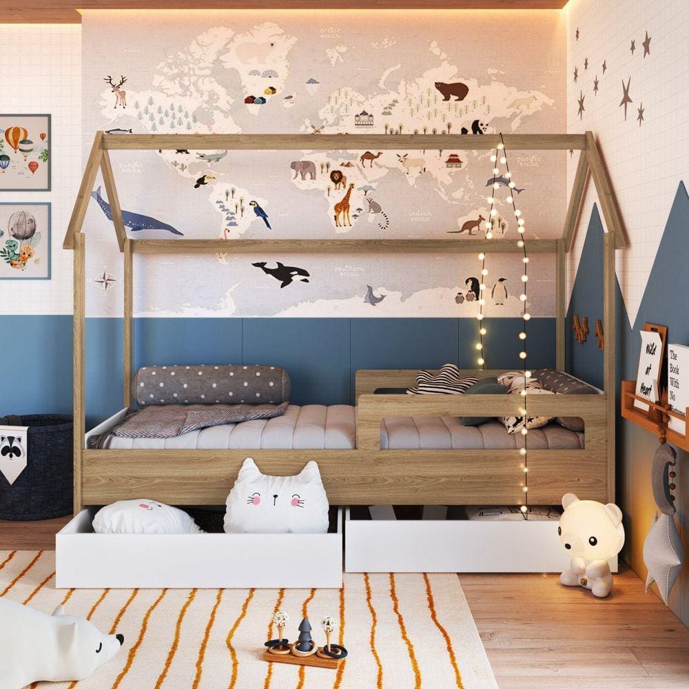 Cama Infantil Montessoriana com Gavetões Inferiores Aveiro Oak/Branco