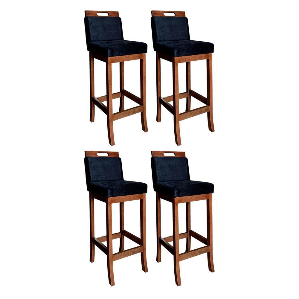 Kit 4 Banquetas Alta Estofada Milão 104 Cm Madeira Maciça Suede Preto CCS