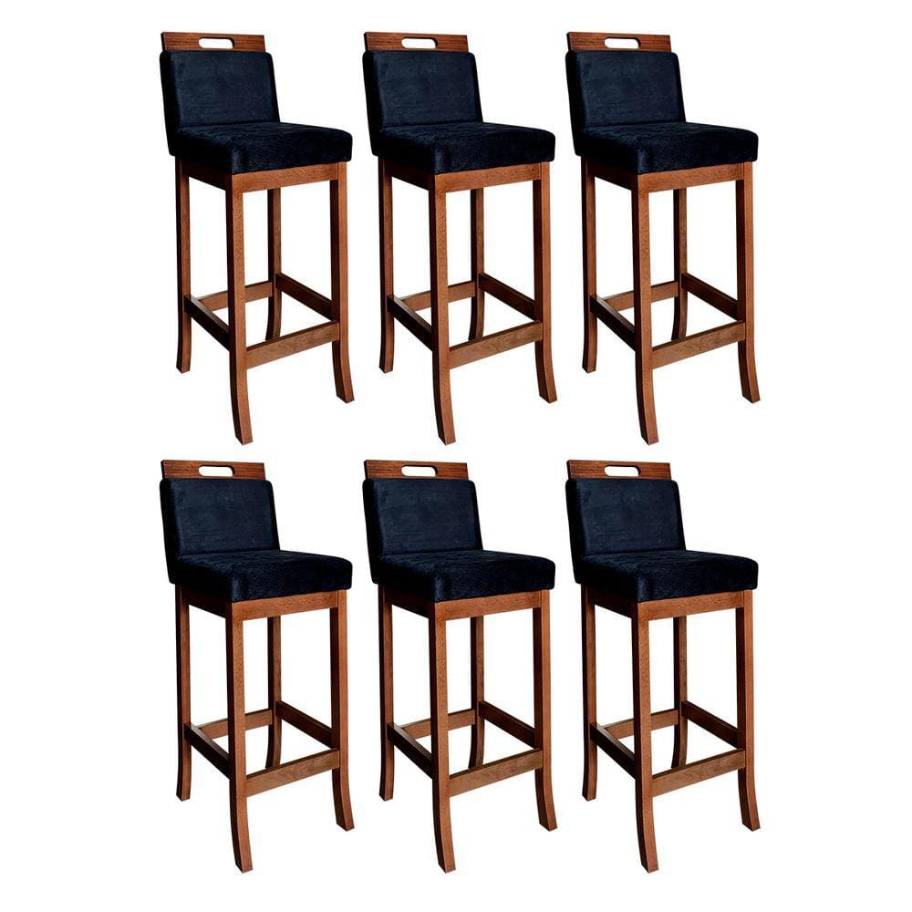 Kit 6 Banquetas Estofadas Alta com Encosto Milão 104 Cm Madeira Maciça Suede Preto CCS