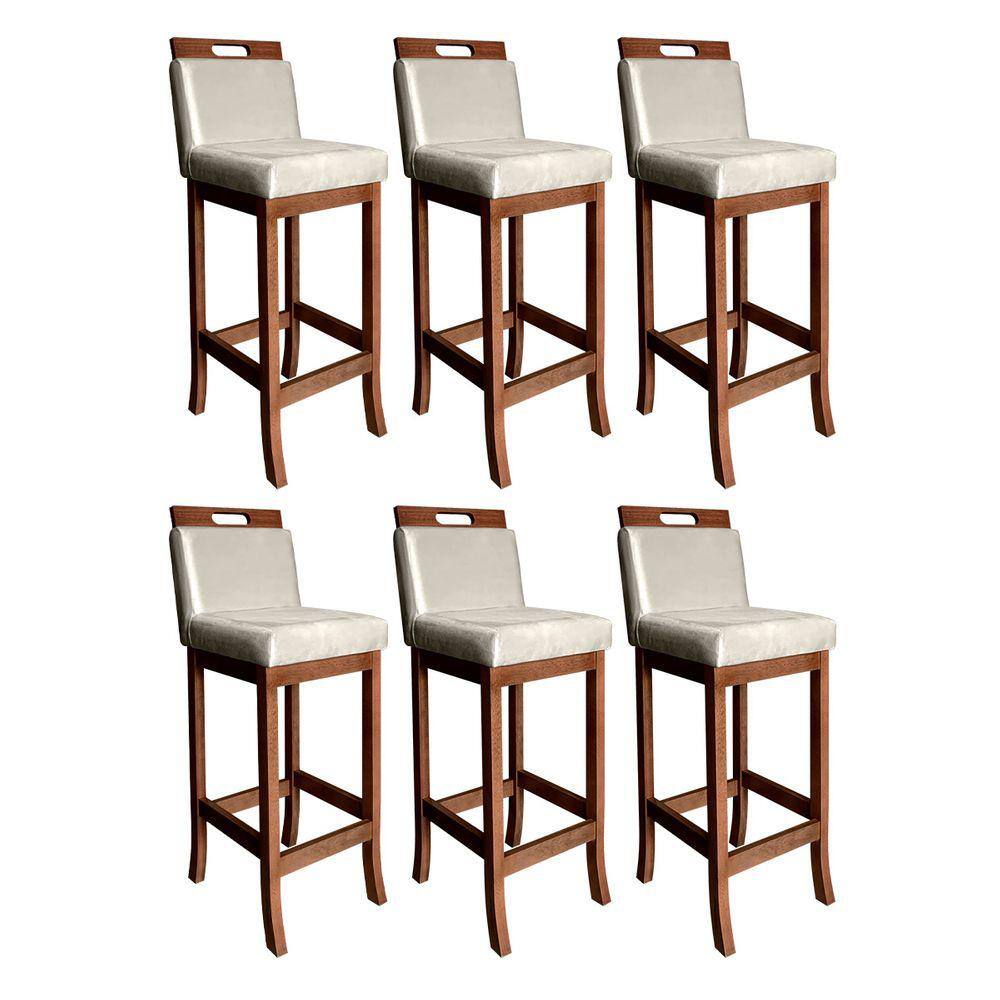 Kit 6 Banquetas Média Estofadas com Encosto 94 Cm Milão Madeira Maciça Suede Bege CCS