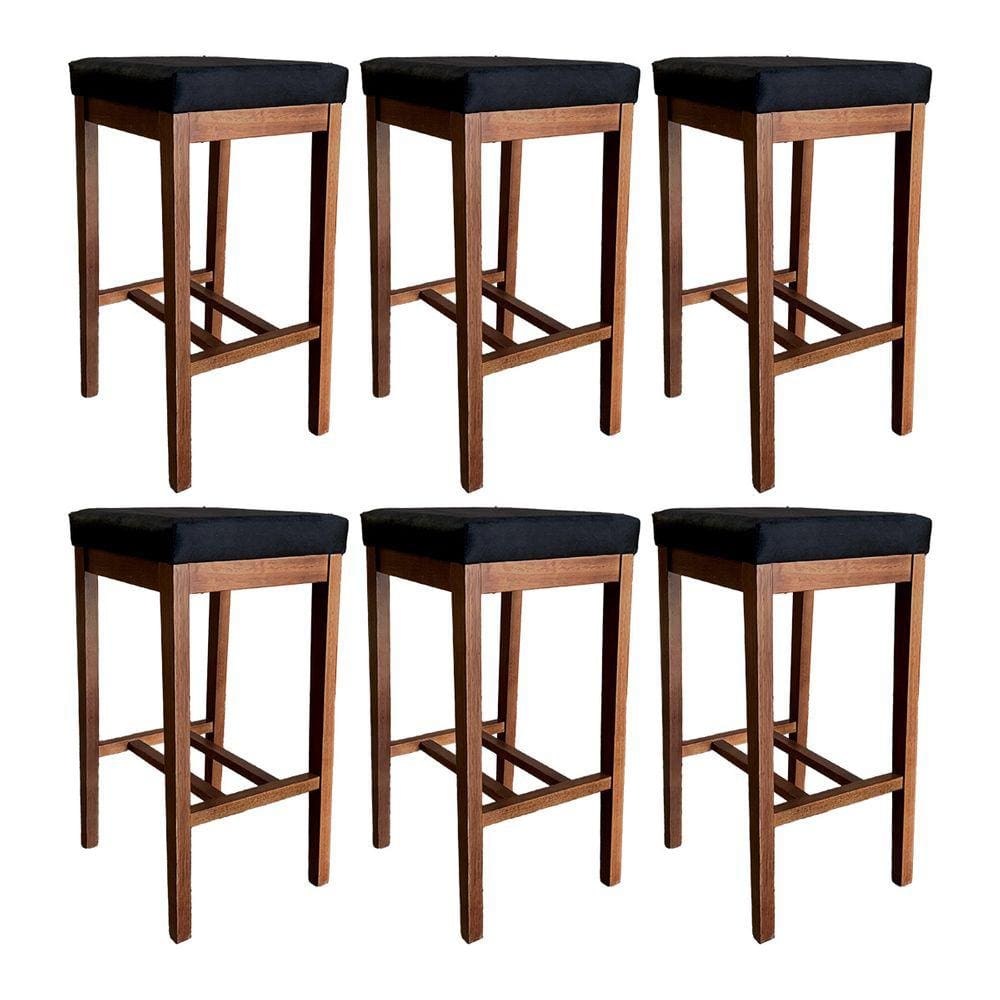 Kit 6 Banquetas Alta Bali Estofada Moderna 74 Cm Madeira Maciça Suede Preto CCS