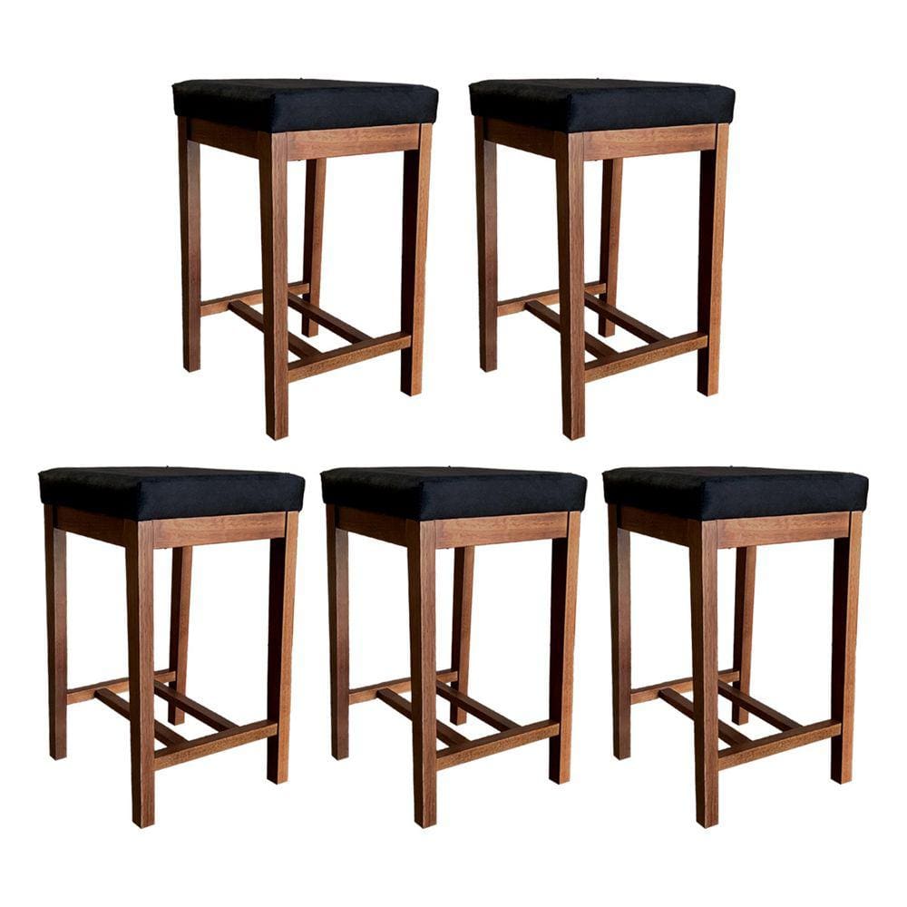 Kit 5 Banquetas Média Estofada Bali 64 Cm Madeira Maciça Suede Preto CCS