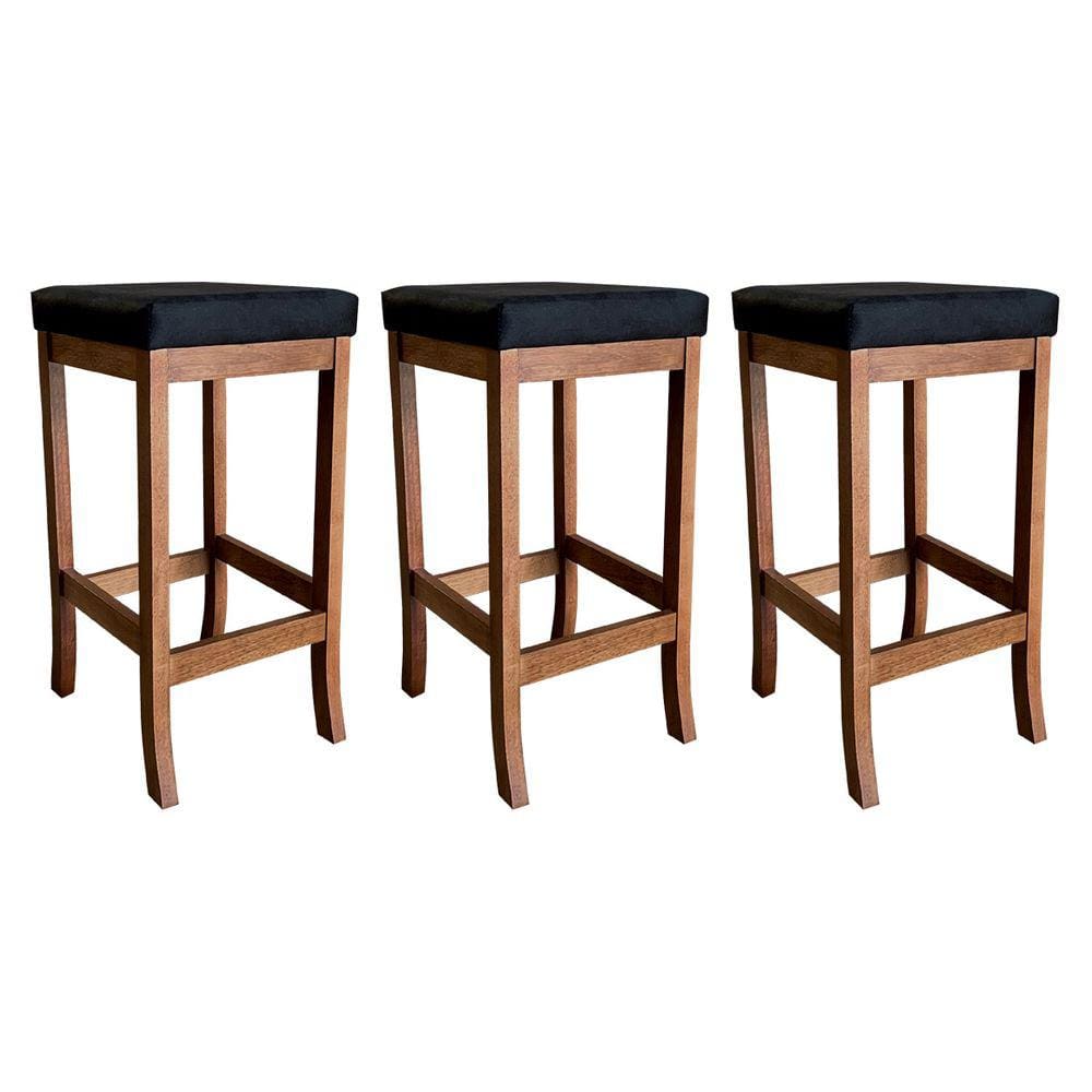 Kit 3 Banquetas Alta para Bancada Barcelona 74 Cm Madeira Maciça Suede Preto CCS