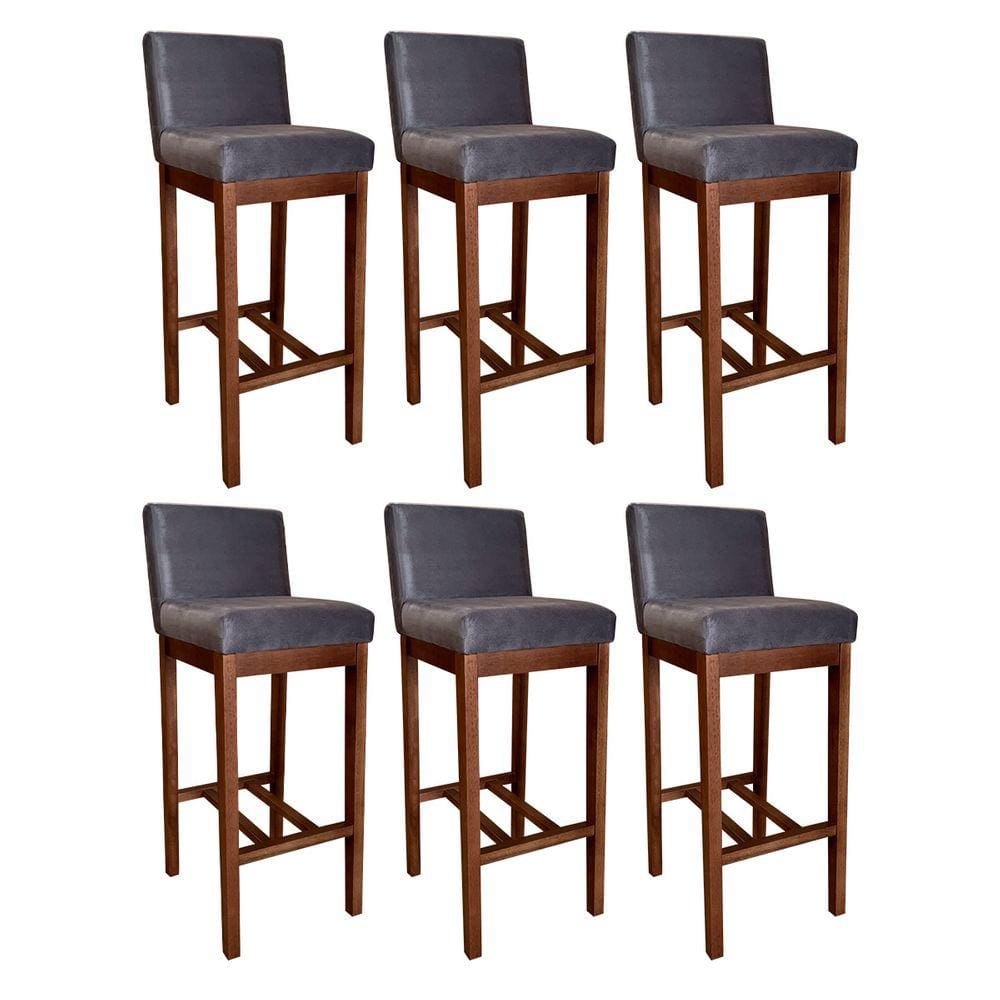 Kit 6 Banquetas Alta Estofada Lisboa 100 Cm Madeira Maciça Suede Cinza CCS