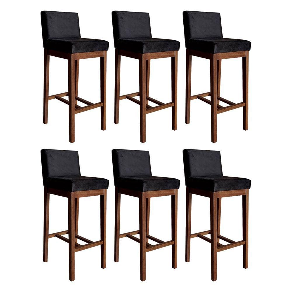 Kit 6 Banquetas Alta Lisboa Estofada 100 Cm Madeira Maciça Suede Preto CCS