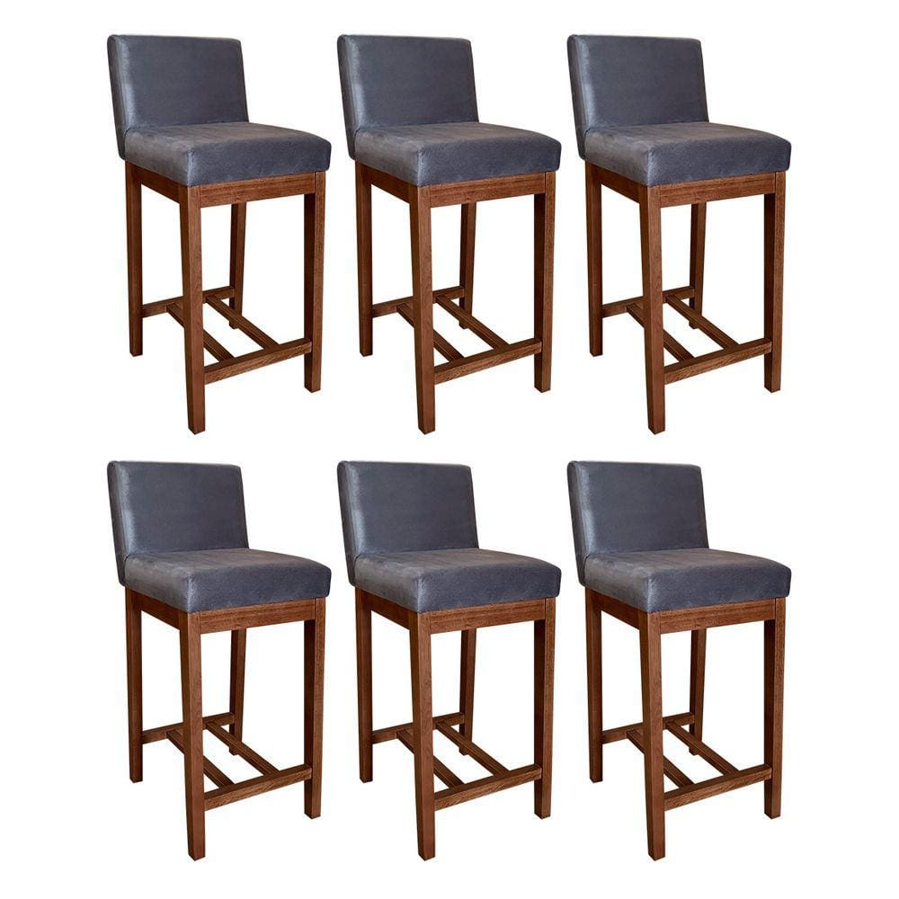 Kit 6 Banquetas Cinza Média Lisboa 90 Cm Madeira Maciça Maciça Suede CCS