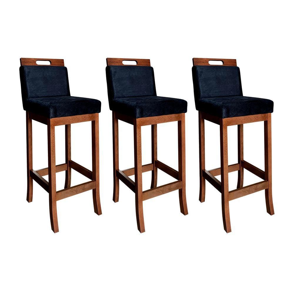Kit 3 Banquetas Média Estofada Milão com Encosto 94 Cm Madeira Maciça Suede Preto CCS