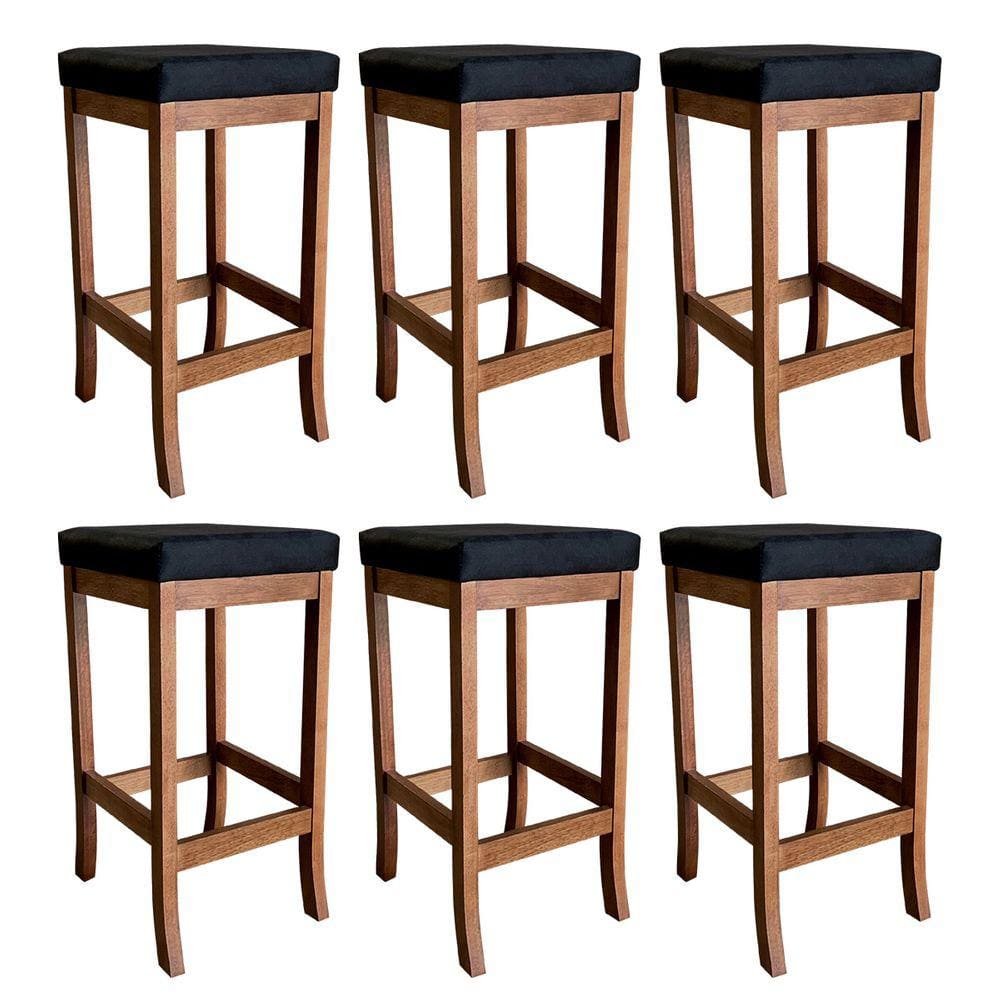 Kit 6 Banquetas Alta Barcelona para Bancada 74 Cm Madeira Maciça Suede Preto CCS