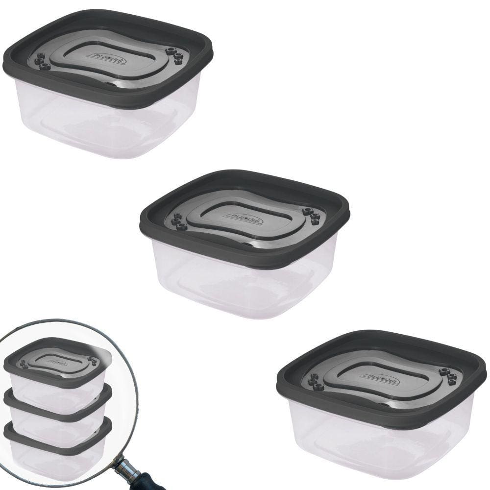Pote de plástico Clic quadrado 1,1 litros com 3 unidades Plasutil ref.13865
