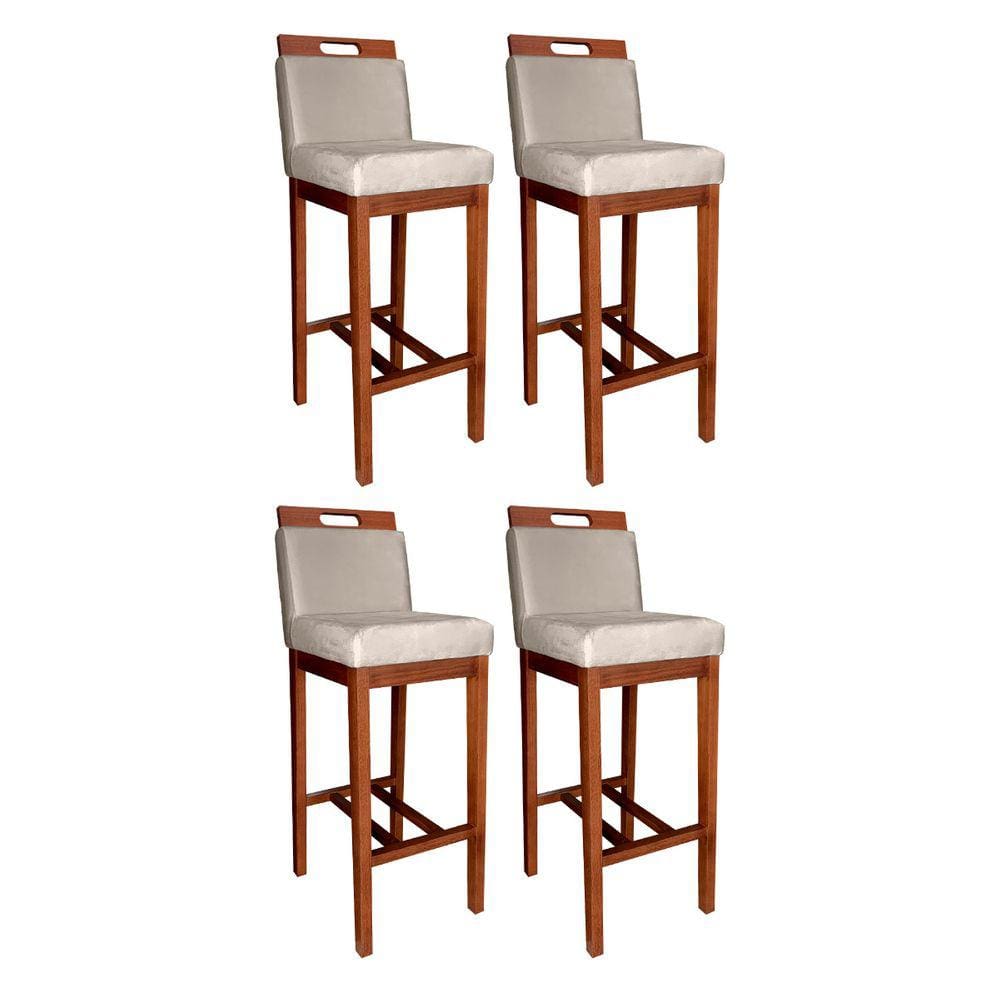Kit 4 Banquetas Alta Veneza com Encosto Estofado 104 Cm Madeira Maciça Suede Bege CCS