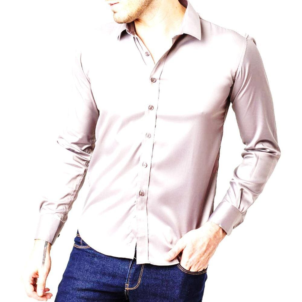 Camisa Social Masculina Slim Cinza Manga Longa Zune
