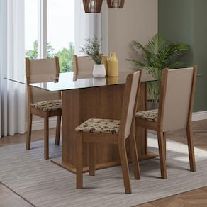Conjunto Sala de Jantar Mesa Tampo de Vidro 4 Cadeiras Rustic/Crema/Bege Marrom Yara Madesa