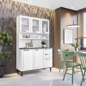 Kit Cozinha 120cm 6 Portas 3 de Vidro 2 Gavetas Pratika Branco