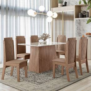 Conjunto Sala de Jantar 135x90cm Tampo Vidro/MDF com 6 Cadeiras Torre Liz Amendoa
