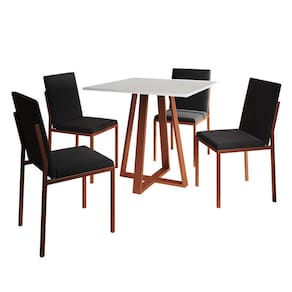 conjunto de mesa de jantar com tampo branco e 4 cadeiras mônaco veludo preto e cobre