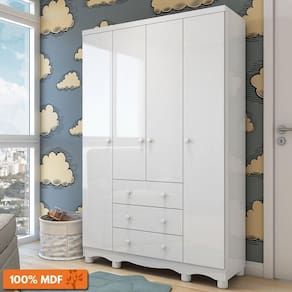 Guarda Roupa Infantil 4 Portas 3 Gavetas 100% MDF Junior New Móveis Peroba Branco Brilho