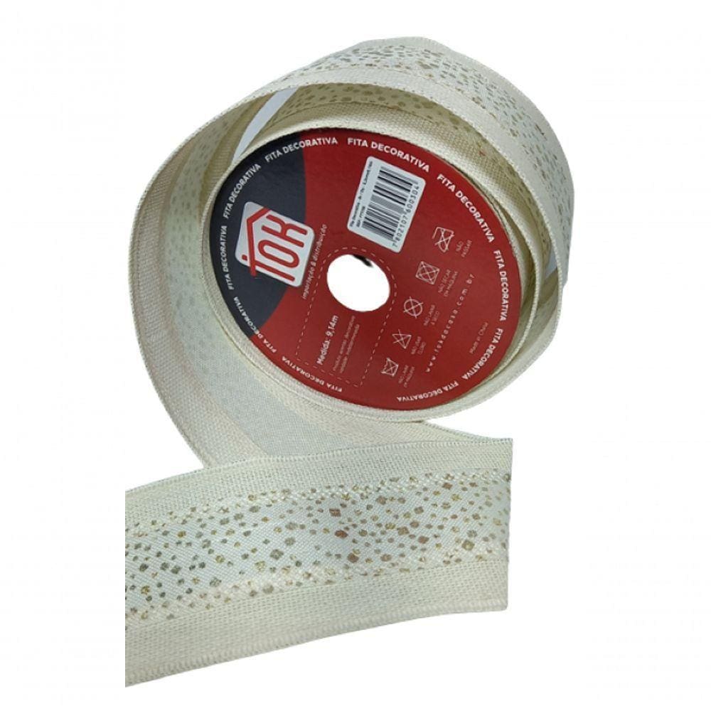 Fita Decorativa Bege Com Faixa Branca De Detalhes Dourado Ft1136