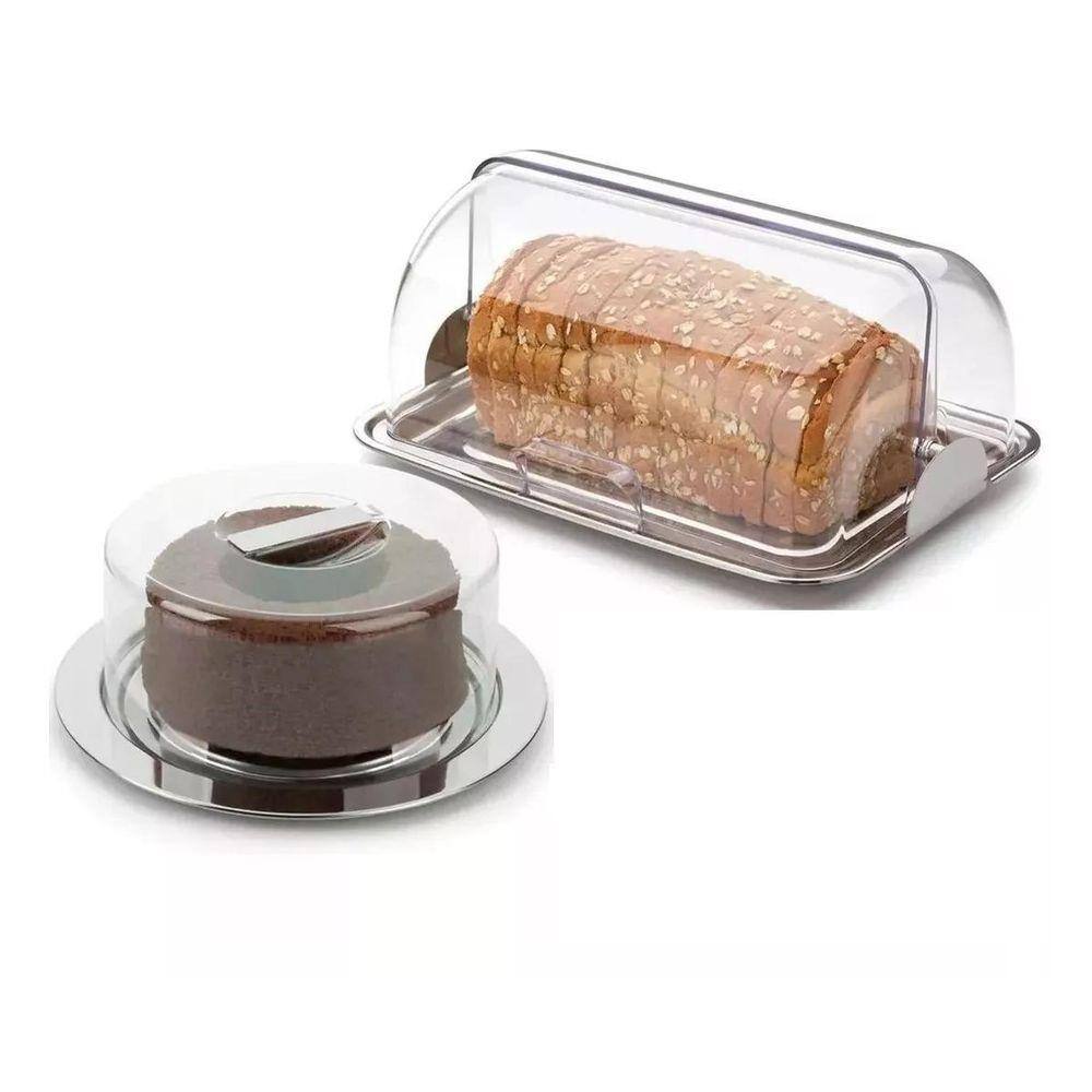 Kit Porta Pão E Boleira Aço Inox Tampa Acrílico Bolo Forma