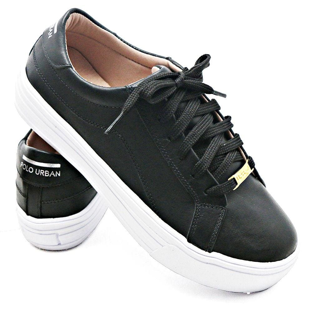Tênis Casual Feminino Confort em Couro Preto Polo Urban