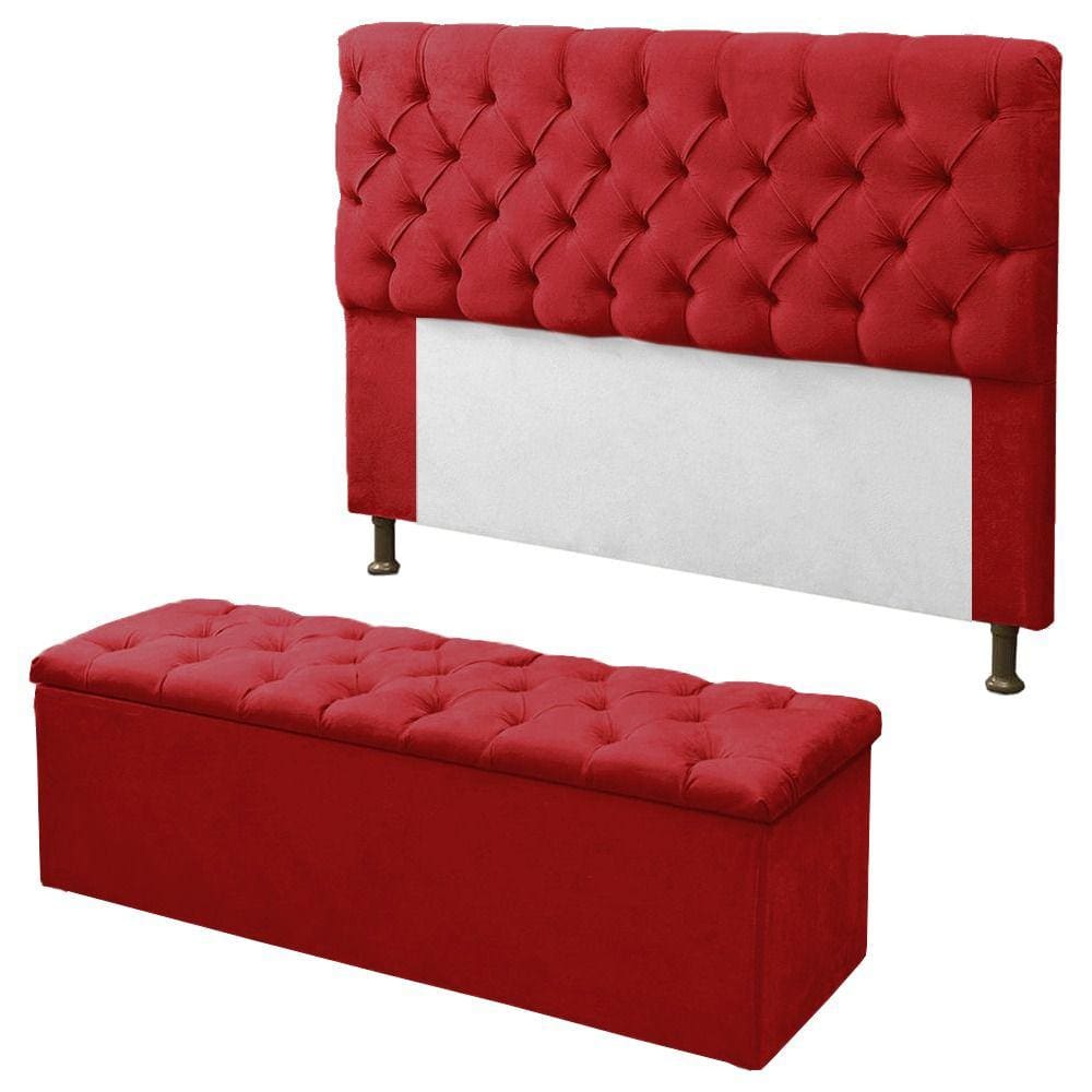 Kit Cabeceira + Calçadeira Baú Sofia King 195cm Corino Vermelho - LM DECOR