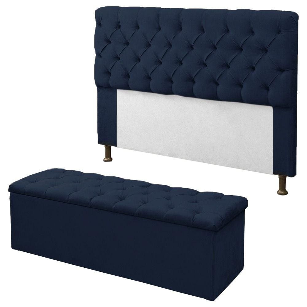Kit Cabeceira + Calçadeira Baú Sofia Solteiro 90cm Corino Azul Marinho - LM DECOR