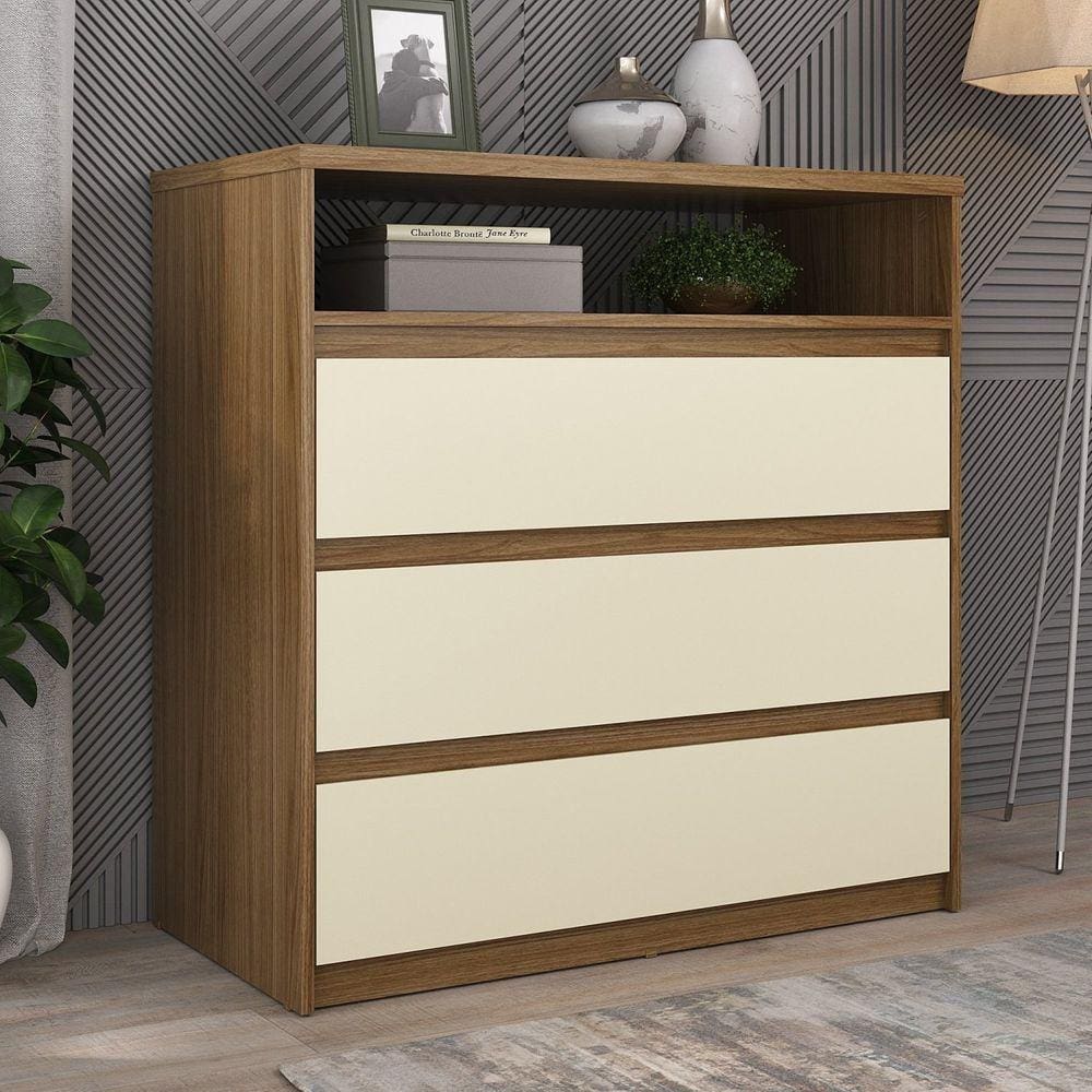 Cômoda 3 Gavetas 1 Nicho 100% MDF Gales Nogueira/Areia