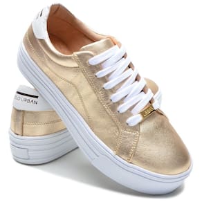 Tênis Casual Feminino Confort em Couro Dourado Polo Urban