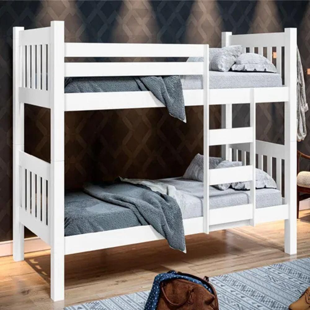 Beliche Solteiro Caribe Vira 2 Camas Solteiro C/Grade Proteção E Escada -Super Resistente -Branco