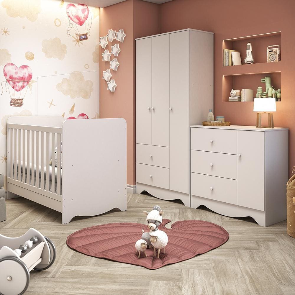 Quarto Infantil Completo com Guarda Roupa Cômoda e Berço Mini Cama Ben Móveis Peroba Branco Brilho