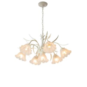 Lustre Pendente Metal Branco Flores Orquidea 7 Lâmpadas